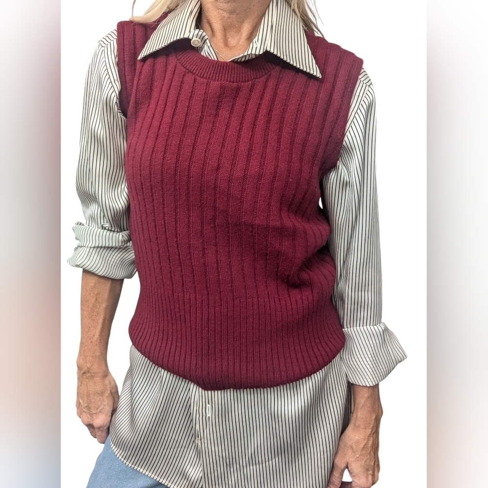Vintage 70s Robert Bruce Burgundy Ribbed Sweater Vest USA Knit Size 20